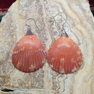 Sterling Silver & Authentic Real Orange Scallop Shell Seashell Dangle Earrings